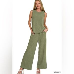 ZENANA OLIVE COTTON SLUB TANK & PANTS SET